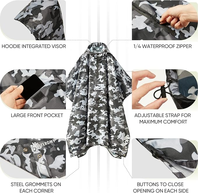 PTEROMY 3-in-1 Hooded Rain Poncho for Adult with Pocket, Waterproof Lightweight Unisex Raincoat for Hiking Camping Emergency