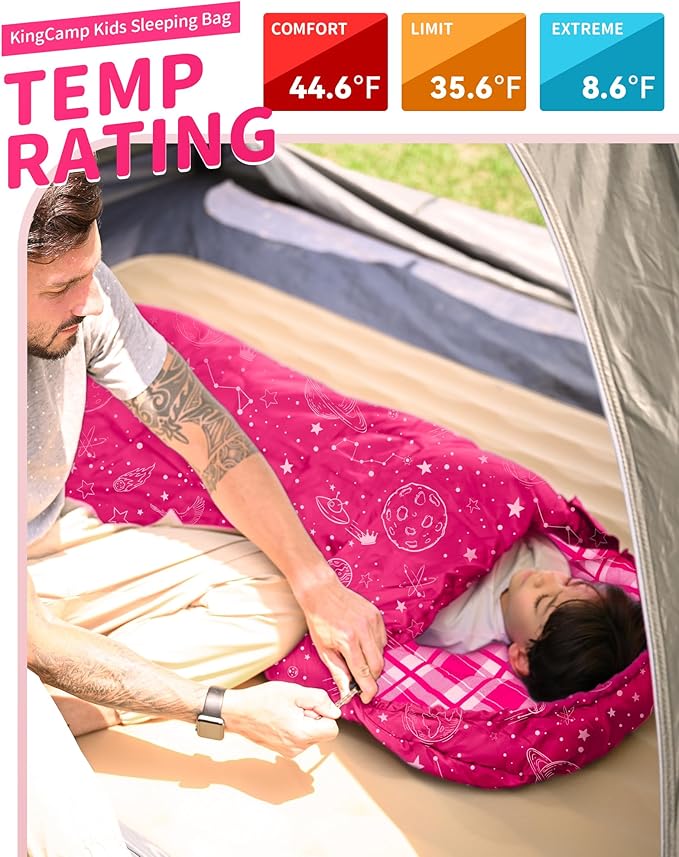 KingCamp 45°F Kids Sleeping Bag, Lightweight Waterproof & Compact Flannel Sleeping Bags Cold Weather & Warm Youth Essentials Gear Accessories for Camping, Fits 10-12 Children up to 4'7"-5'5" Tall