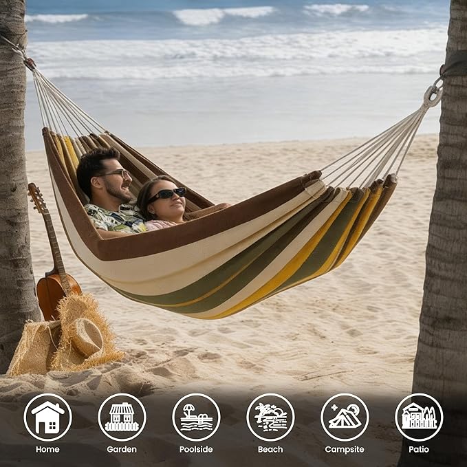 Lazy Daze Hammocks Double Brazilian Cotton Hammock, Extra Large Portable Outdoor Camping Hammock with Tree Straps & Travel Bag for Backyard Patio Poolside Indoor, 550lbs Capacity, Brown & Khaki