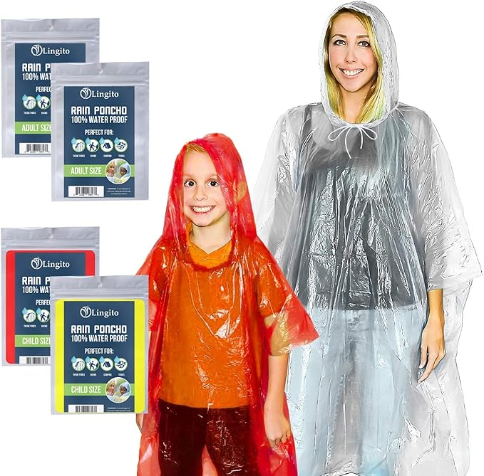 Lingito Rain Ponchos Family Pack - Emergency Drawstring Hood Poncho for Children & Adults Lightweight Reusable or Disposable
