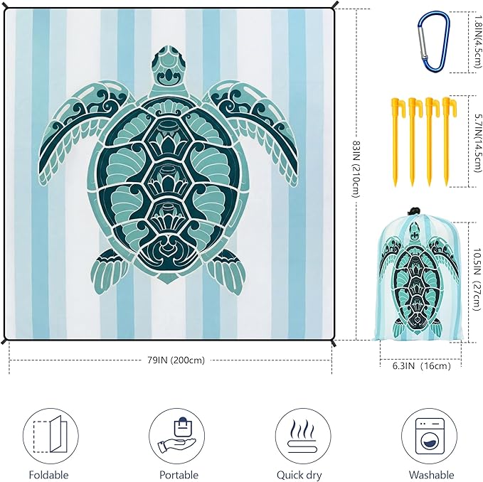HIHOHO Beach Blanket Waterproof Sandproof Beach Mat 79”x 83” for 1-8 Adults Quick Drying Durable Outdoor Picnic Mat for Beach Festival Travel Camping Hiking (GN-Stripes Seaturtle, 79"×83"(4 Person))