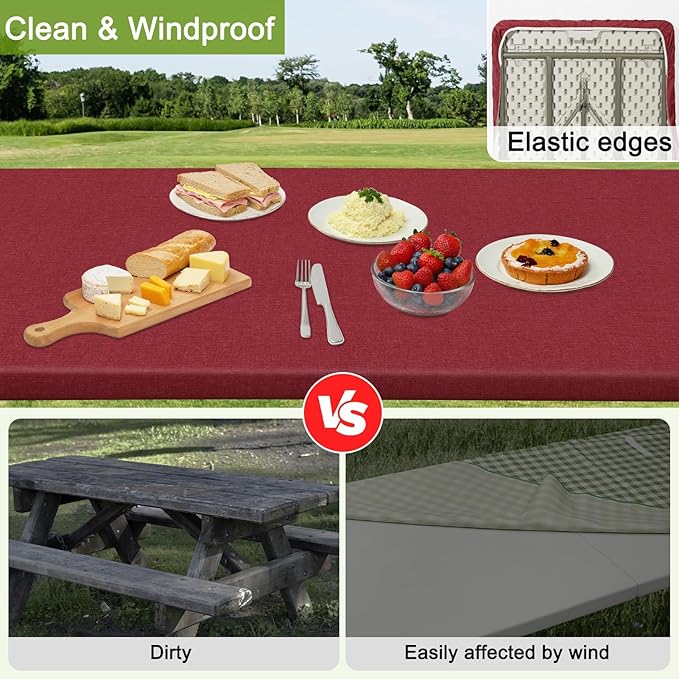 Picnic Table Cover with Bench Covers Portable Table Cloth Built-in Storage Pocket Fitted Tablecloth with Elastic Edges Waterproof Camping Essentials for Indoor Outdoor Rv,72in,Red Texture