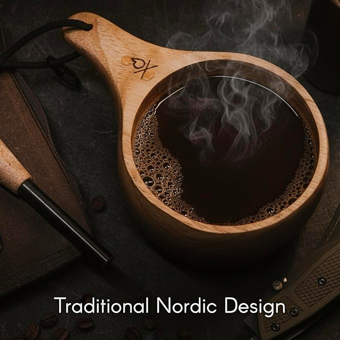 überleben | Lore Kuksa Wooden Cup – Handcarved 12oz Coffee Mug, Bowl with Lanyard & Carabiner – Lightweight Camping Essentials & Traditional Nordic Bushcraft Gear