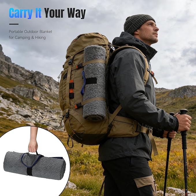 Tirrinia Waterproof Outdoor Blanket, Warm Windproof Stadium Blankets with Sherpa Lining, Foldable Camping Blanket, Emergency Blanket with Mountain Landscape Design for Car, Beach, Picnic, Hiking