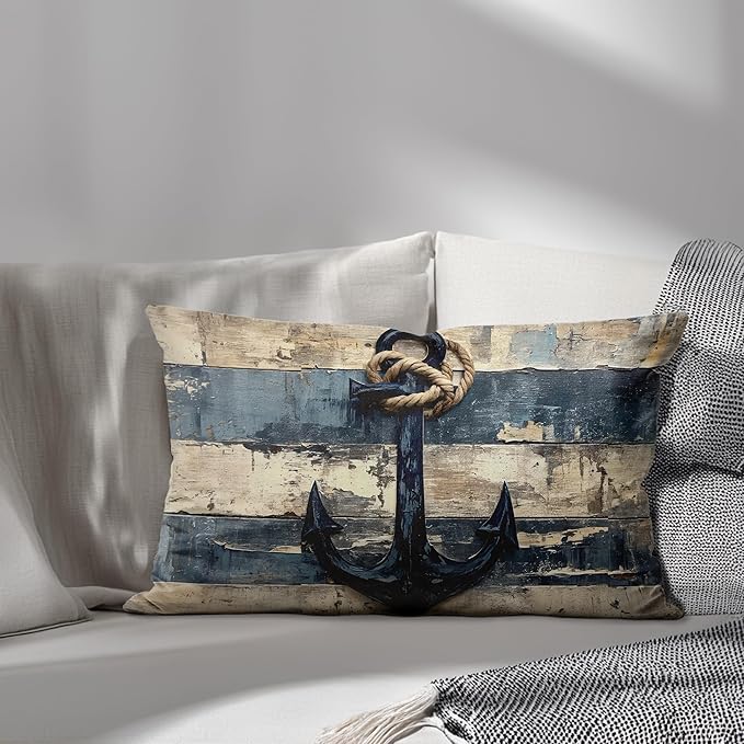 Vintage Nautical Ancho Throw Pillow Covers 20x12,Rustic Coastal Beach Lighthouse Decorative Pillow Cover,Coastal Anchor Decorative Pillowcases for Home Couch Bed Sofa Decor,129-BZ