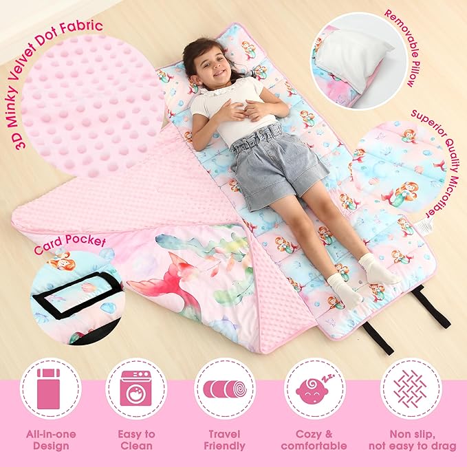 ACRABROS Toddler Nap Mat with Pillow and Blanket, Large Rolled Napping Mats,Slumber Bags for Boys Girls,Kids Sleeping Bag for Daycare, Preschool Travel