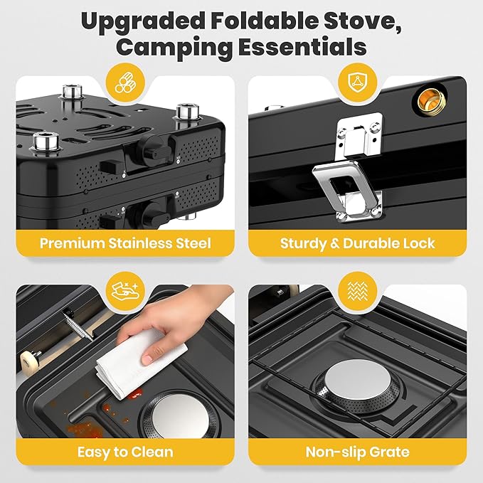 2 Burner Camping Propane Stove, Portable Folding Propane Stove with Carrying Bag, Adjustable High Heat Burners & Piezo Push-Button Instant Ignition, Outdoor Tailgating, Backyard BBQ Camping Essentials