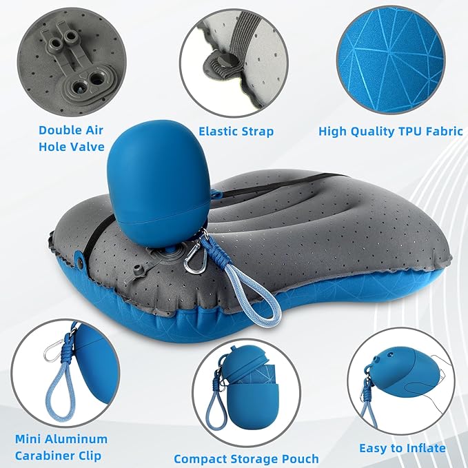 Crisonky Camping Inflatable Pillow with 2-in-1 Silicone Air Pump Storage Bag – Ultralight Travel Pillow for Airplane, Lumbar Support, Dual Valve Easy Inflate, Compressible Ergonomic (Navy Blue)