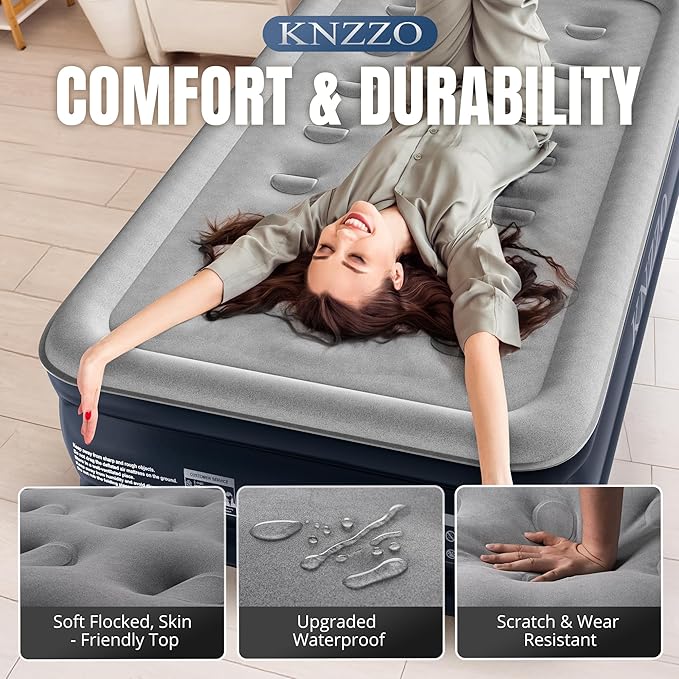 KNZZO Twin Air Mattress with Built-in Pump, 18" Top Inflatable Mattress with Waterproof Flocking Fabric, Three-Minute Quick-Inflatable Bed. Portable Blow Up Mattress for Home, Outdoor and Guests