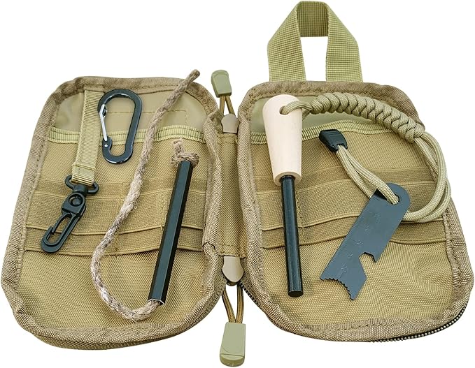 Fire Starter Survival Kit, Larger Ferro Rod with Striker Lanyard 3in Long Flint and Steel, 13.8in Wick Hemp Cord, Multifunctional Bag