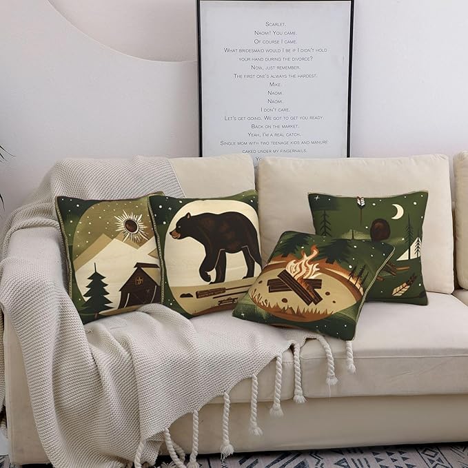 Best Gifts Set of 4 Throw Pillow Cover Bear Adventure Mountains Arrow Campfire Outdoor Forest Trees Camping Travel Cushion Case Double-Sided Plush Material Decorative Pillowcase 18"X18" (Green 1)