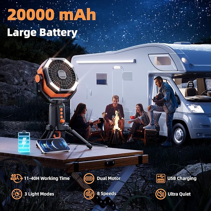 MORIKO Table Fans Tripod, 20000mAh Rechargeable Battery Operated Portable Tent Fan with LED Lantern, Remote Control, Hook, 270° Pivot, Stepless Speed-Ideal for Camping, Picnic, Barbecue, Jobsite