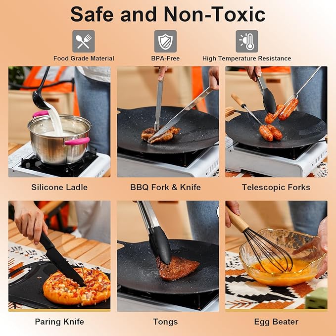 Camping Accessories Kitchen Cooking Utensils Set, Portable Outdoor Camp Cookware Set, Silicone Camper Essentials Gear Must Have Supplies for Travel RV BBQ Grill Picnic Hiking