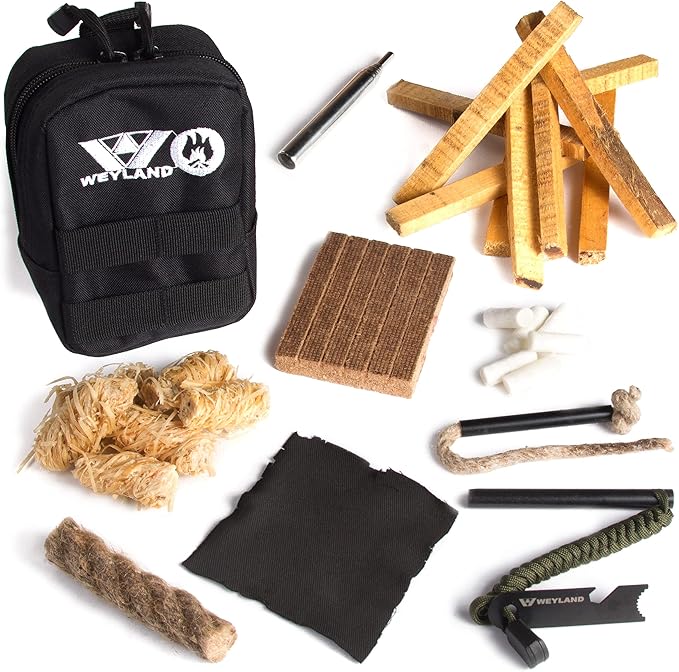 WEYLAND Fire Starting Kit - Ferro Rod & Magnesium Fire Starter, Flint & Steel Survival Tool for Camping, Bushcraft, Emergency Preparedness, Fatwood Fire Starter Sticks & Tinder for Outdoor Adventure