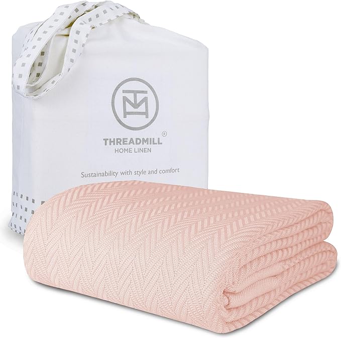 Threadmill Luxury Cotton Blankets for Queen Size Bed | All-Season 100% Cotton Queen Size Blanket | Herringbone Cozy, Soft Breathable Fall Thermal Blanket fits Full Size Bed | English Rose