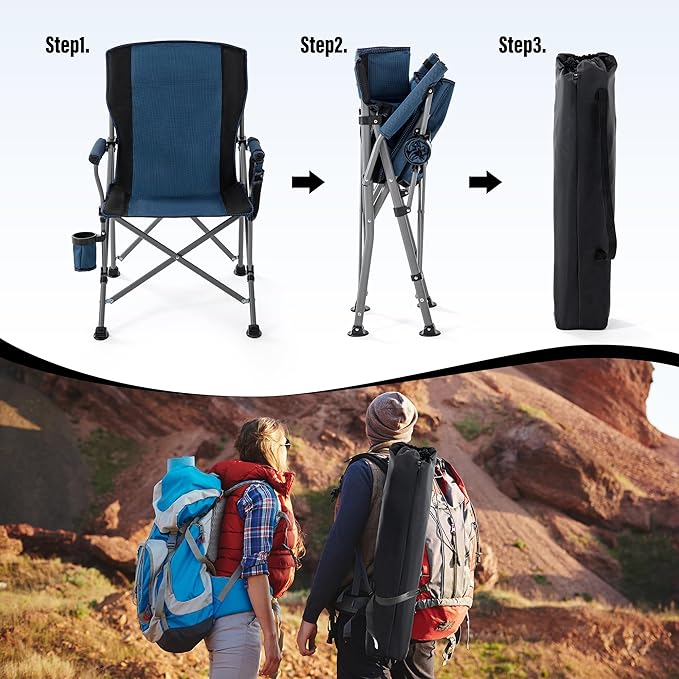 Lamberia Camping Chair for Adults, Heavy Duty 330lbs Capacity Folding Chairs for Outdoor, 600D Oxford Mesh High Back Camping Chairs with Arm Rest Cup Holder and Portable Carrying Bag(Blue)