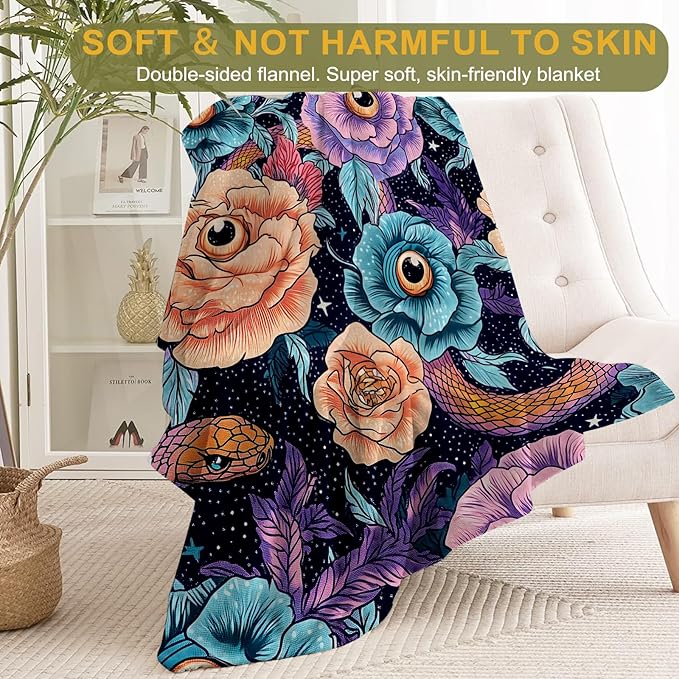 Gothic Evil Eye Floral Snake Fleece Blanket - Lightweight Soft Cozy Gifts Throw for Fantasy Lovers,Women,Adult,Goth Vivid Flower Starry Blankets,Home Room Modern Artistic Decor 60x80in
