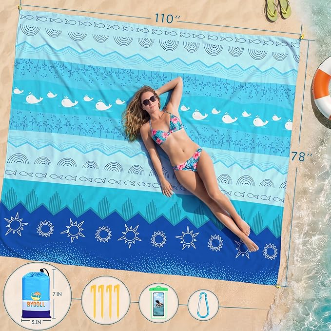 BYDOLL Beach Blanket Waterproof Sandproof Large Sand Free, 78''X110'' Oversized Sandless Lightweight Blanket Picnic Mat for Beach Travel Camping Hiking with Stakes