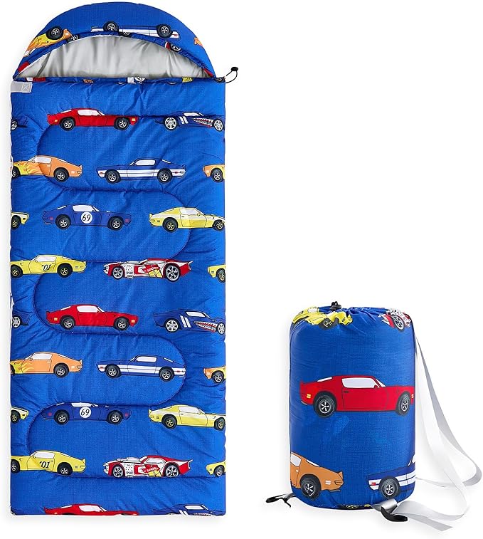 Wake In Cloud - Kids Sleeping Bag for Boys Toddlers, Camping in Warm Cold Weather, Backpacking Lightweight Compact Outdoor Liner for 3 Seasons, Race Cars Vehicles