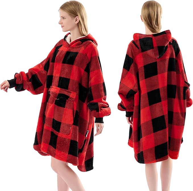 Krifey Wearable Blanket Hoodie, Oversized Sherpa Fleece Sweatshirt with Giant Pocket, Birthday Gifts for Women, Mom, Sister, KRF003-Red plaid