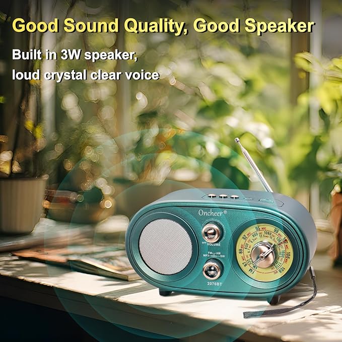 Oncheer Portable Retro Vintage Bluetooth Speaker Radio, FM/AM/SW 3 Band, Adjustable Antenna, Battery Powered, Support TF Card, USB Playing Music, Home Decor Gifts for Friends Family -Greencolor