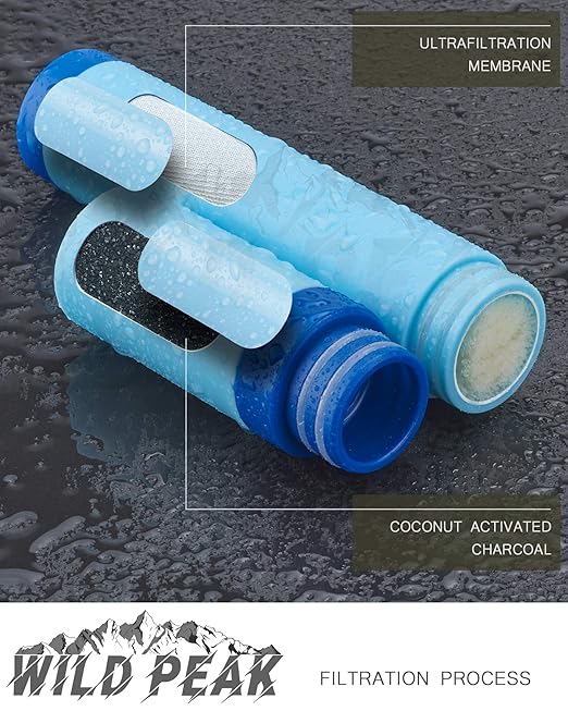 Wild Peak Stay Alive-4 Outdoor 4-Stage Water Filter Straw Emergency 22oz Bottle with Activated Carbon for Survival, Camping, Hiking, Climbing, Backpacking (1500 Liters)