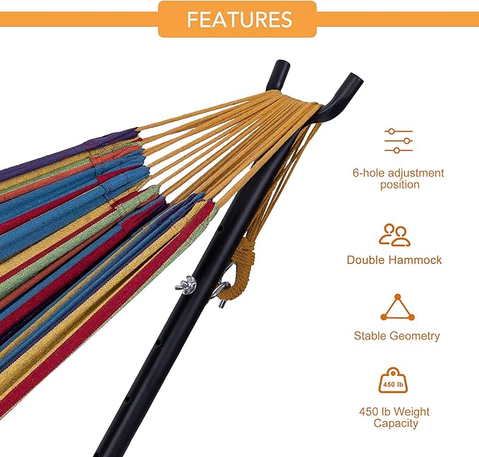 Prime Garden Hammock with Stand for Outside, Heavy Duty Space Saving Steel Stand with 450 lb Capacity,Double Hammock with Portable Carrying Bag, Hamacas para Adultos for Outdoors, Patio, Garden, Yard