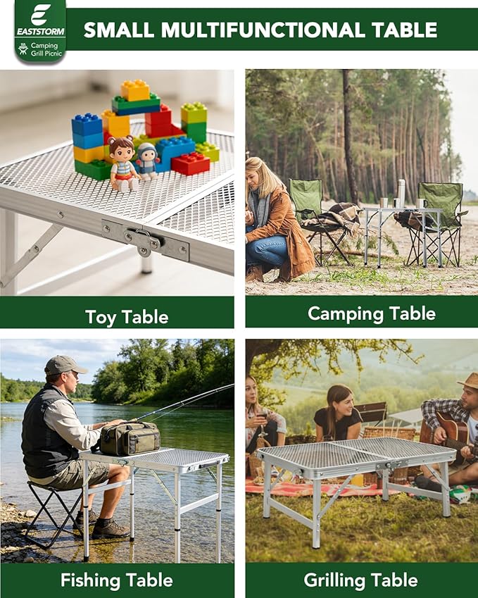 Small 2ft Folding Table with Carry Handle, Adjustable Height 10.6" or 22", Silver Metal Mesh, Portable & Compact Indoor/Apartment/Card/Side/Grill Table, 23.6"Lx15.8"W, Lightweight 4 lb, 66 lb Capacity