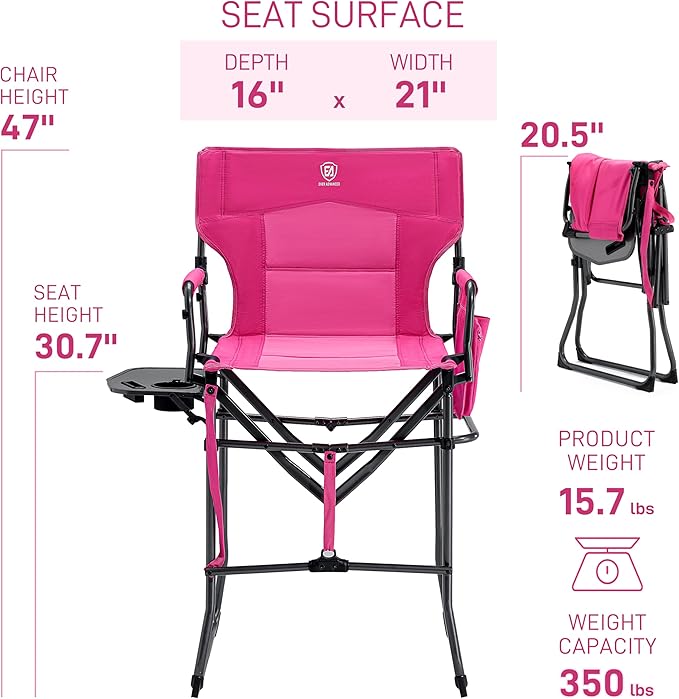 EVER ADVANCED Portable 30.7" Seat Height Tall Folding Camping Chair Directors Chair High Foldable Bar Stool with Side Table for Makeup Artist, Sports Event, Craft Show, Supports 350LBS