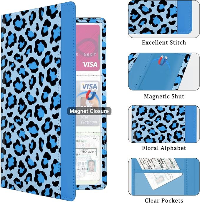 Car Registration and Insurance Holder, with Magnetic Closure for License, Cards and Documents, All Vehicle Needs and Car Accessories (Leopard-Blue)