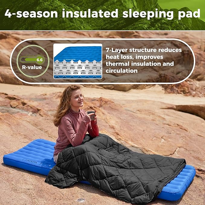 ATEPA ThermAir Pro Backpacking Inflatable Sleeping Pad, 6.6 R-Value Insulated Ultralight Portable Sleeping Pad Thick Camping Mat with Stuff Sack for Camping Backpacking Tent, Wide Long Size 78"x27"
