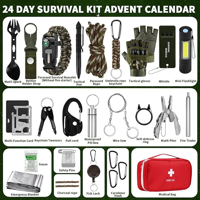 Natonhi Survival Kit Advent Calendar 2025 for Adult Men, 24 Days of Christmas Outdoor Gear & Emergency Tools for Adventure, Camping, Hiking-Christmas Countdown Gift for Adult Teen Adventure Lover