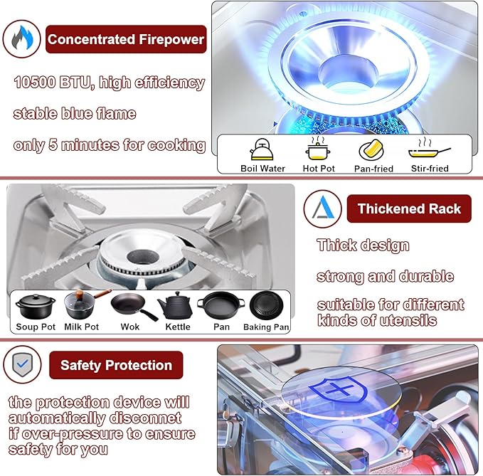 Dual Fuel Camp Stove with Butane and Propane Compatibility, 10500 BTU Portable Camping Stove with Carrying Case, Storage Bag, Adapter Hose, Wind Guard, Outdoor Camping Essentials
