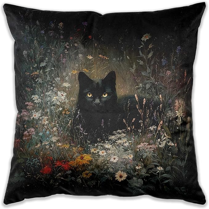 Vintage Moody Black Cat Floral Pillow Covers 18x18, Dark Cottagecore Decor, Gothic Botanical Floral Animal Decorative Pillow Covers for Home Bedroom Living Room Couch，Black Cat Lover Gifts