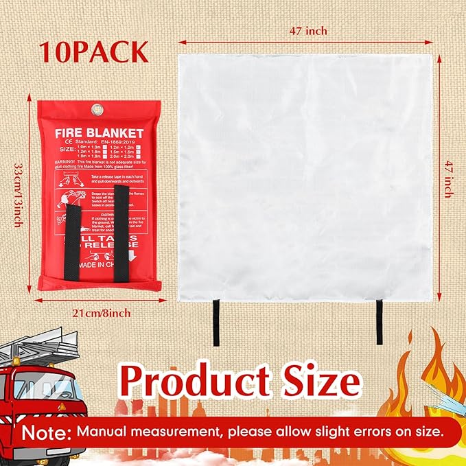 Macarrie 10 Pack 47" x 47" Fire Blanket Emergency for Home Kitchen Safety Suppression Blanket Fiberglass Fireproof Survival for Car Office