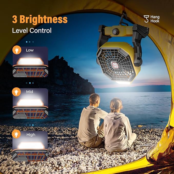 JINLICTE 10400mAh Solar Fan with LED Lantern, Camping Fan with 7W Solar Panel, Rechargeable Solar Powered for Outside, Quiet Battery Operated Tent for Picnic, Barbecue, Fishing, Travel