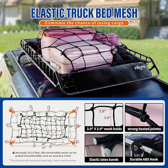 PINGDIR Roof Rack Basket 51" X 36" X 5" Rooftop Rack Cargo Carrier Universal, Waterproof Cargo Bag 44 * 35 * 16", Cargo Net with Attachment Hooks, 2 pcs Ratchet Strap,Roof Pedal