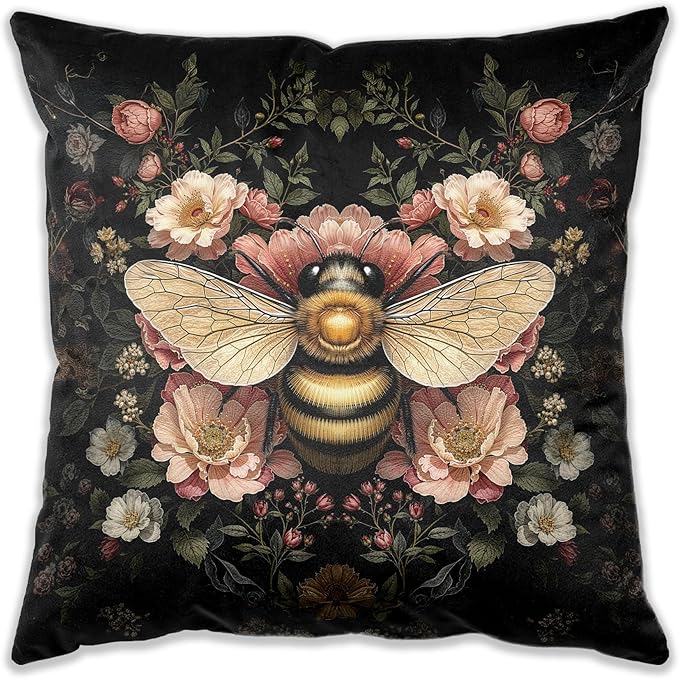 Vintage Moody Floral Bumblebee Pillow Covers 18x18, Dark Cottagecore Decor, Dark Academia Botanical Wildflower Honey Bee Decorative Throw Pillow Covers for Home Bedroom Living Room
