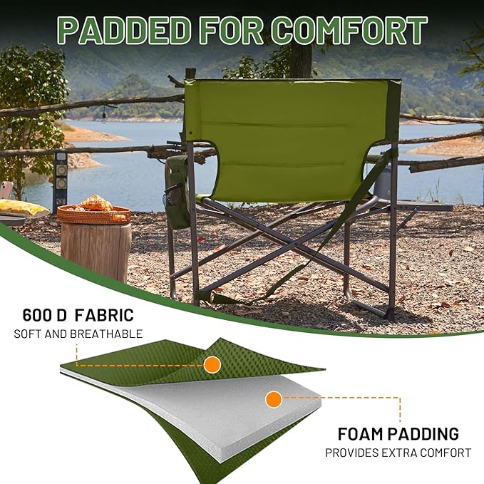 Timber Ridge XXL Director’s Chair – Heavy Duty Folding Camping Chair for Adults, 500lb Capacity, Extra Wide Padded Seat for Camping, Sports, Lawn, Courtyard, and Outdoor Use, Green