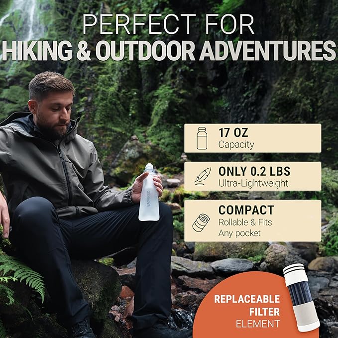 Water Filter Camping – Bachgold Squeeze Foldable Squeeze Bottle | Ultralight Backpacking Filtration for Hiking, Survival & Emergency | Dual-Stage Filtration, Swiss Design