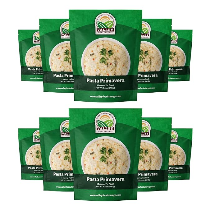 Valley Food Storage Pasta Primavera | 10-Bag Bucket, 50 Servings | Non-GMO Premium Emergency Food Supply, 25 Year Shelf Life | Survival Meal Kits, Prepper Food & Off-Grid Living Supplies, Packaged in USA
