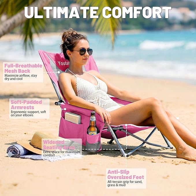 Youtanic Portable Beach Chair 2-Pack, 400 lbs Folding Camping Chair, Lightweight Low Profile Lawn Chair with Wide Seat, Cup Holder & Padded Armrests for Outdoor, Travel, Sand, Pink