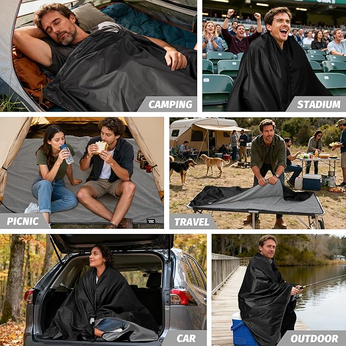 Fleece Waterproof Outdoor Blanket - Windproof Stadium Blanket for Camping, Picnics, and Sports Stay Dry and Comfortable 80"x 58"(Black)