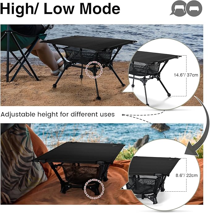 ONETIGRIS Dipper Camping Table, Lightweight Portable Folding Table with Mesh Storage Net, High/Low Options, Ideal for Camping, Hiking, Tailgating, Beach, Picnic, Travel, Backyard