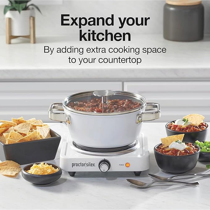 Proctor Silex Portable Electric Stove, Cast Iron Single Burner Cooktop, Compact, Adjustable Temperature Hot Plate, 1000 Watts, White (34107)