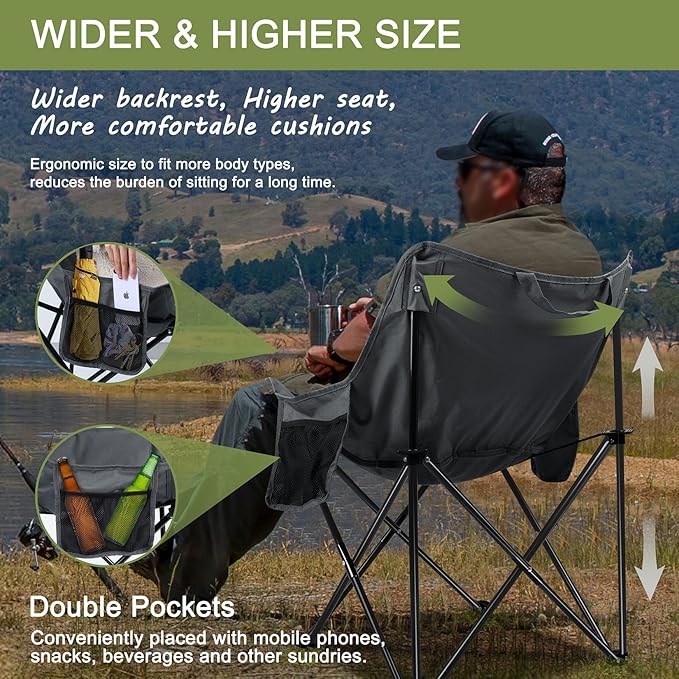 Joyfair Outdoor Camping Chair for Adult, Large Portable Folding Moon Chairs with Carry Bag for Patio Beach, Fishing, Lawn and More Outdoor Sports, 600D Oxford Fabric & Heavy Duty Steel (2, Grey)