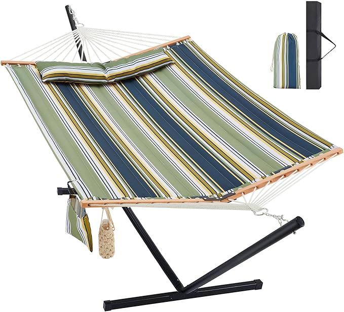 Homgava Two Person Hammock with Stand for Outside Heavy Duty, Outdoor Patio Hammock with Portable Steel Stand, Large Double Hammocks,480lbs Capacity.(Grey Stripes)