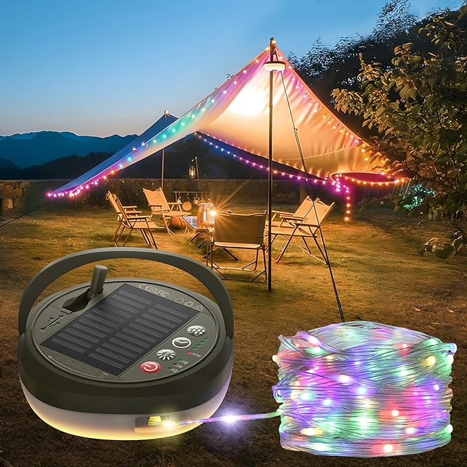 Glocusent 22 Modes Camping String Lights, 12 Ambient String Lights & 10 RGB Lantern, 130 LEDs Rechargeable Solar Powered, 33ft Tangle-Free Camping Lights String for Tent, Patio, Yard, Outdoor Decor