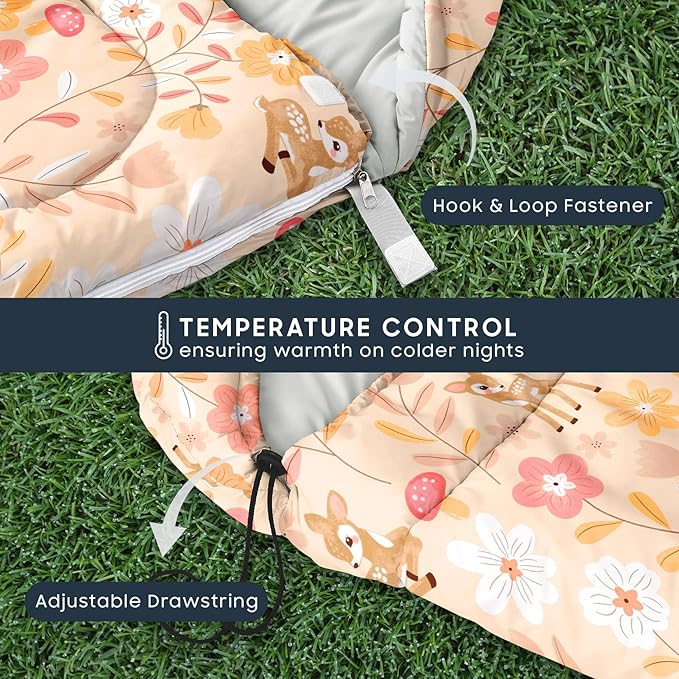 Wake In Cloud - Kids Sleeping Bag for Girls Toddlers, Camping in Warm Cold Weather, Backpacking Lightweight Compact Outdoor Liner for 3 Seasons, Deer Floral Garden