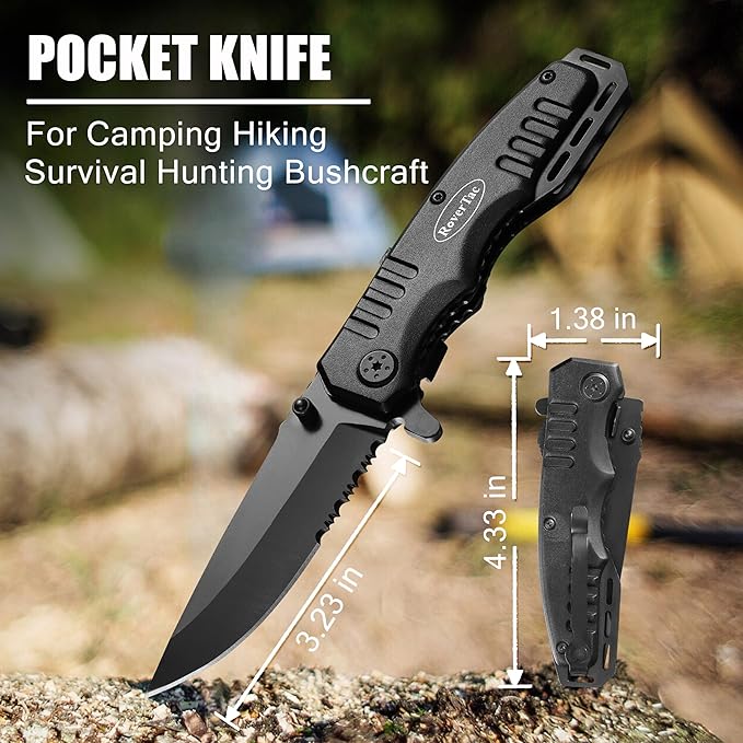 RoverTac Camping Gear Survival Tools Kit Multi Tool Set, 11-in-1 Multitool Axe, High Lumen LED Flashlight, Pocket Knife - Perfect for Camping Survival Hiking Fishing, Tools Gifts for Men.